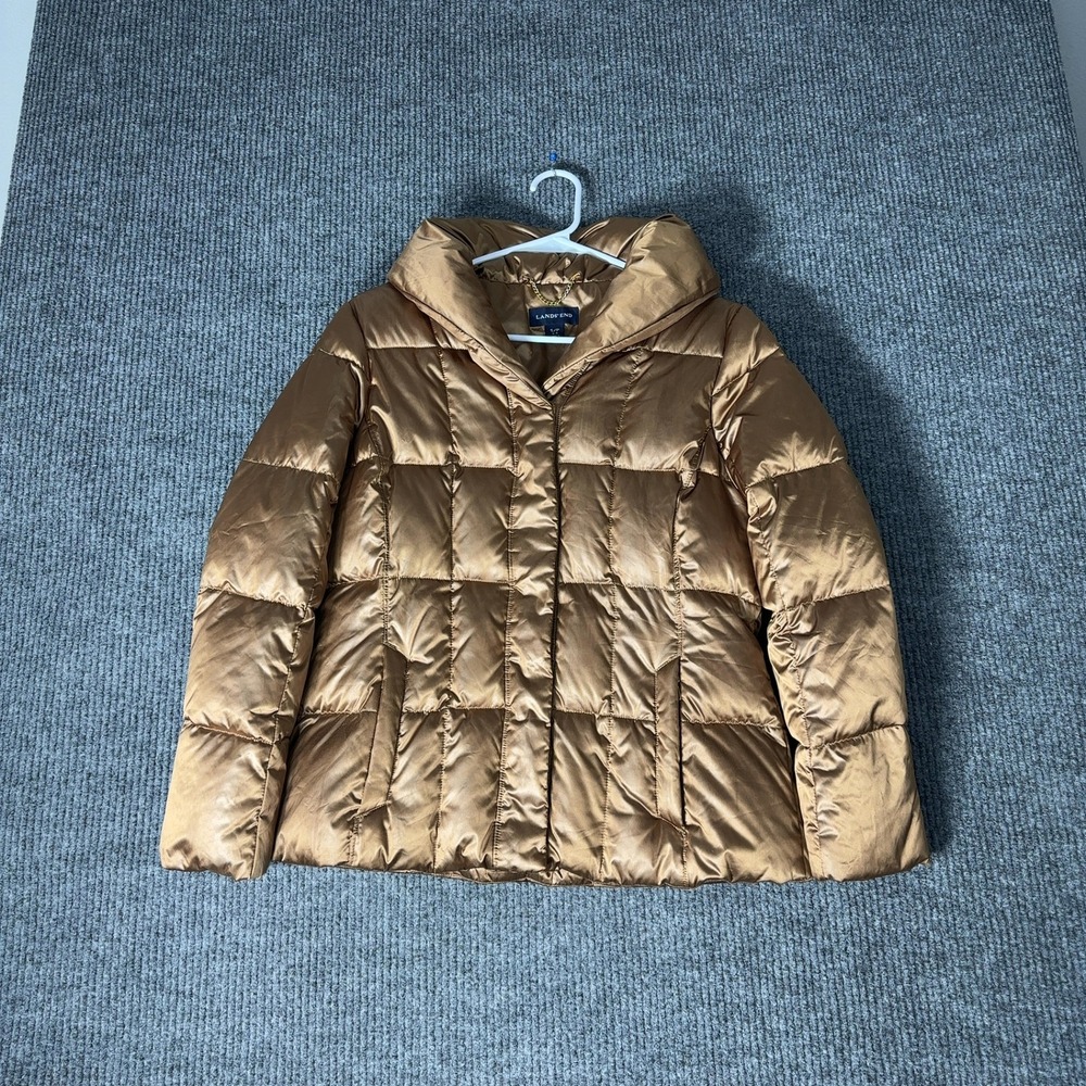 Lands' End Puffer Jacket Womens S Brown Metallic Down Insulated Quilted Gold